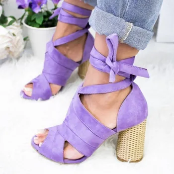 

DAHOOD Women Lace Up Sandals Dropshipping Summer Fashion Cross-strap Square Heel Ladies Pumps Plus Female High Heel Shoes