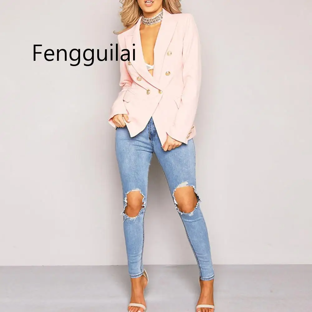 FENGGUILAI, для работы, офиса, леди, сплошной цвет, с отворотом, длинный рукав, двубортный, с карманом, для женщин, весна, осень, приталенный костюм, блейзеры