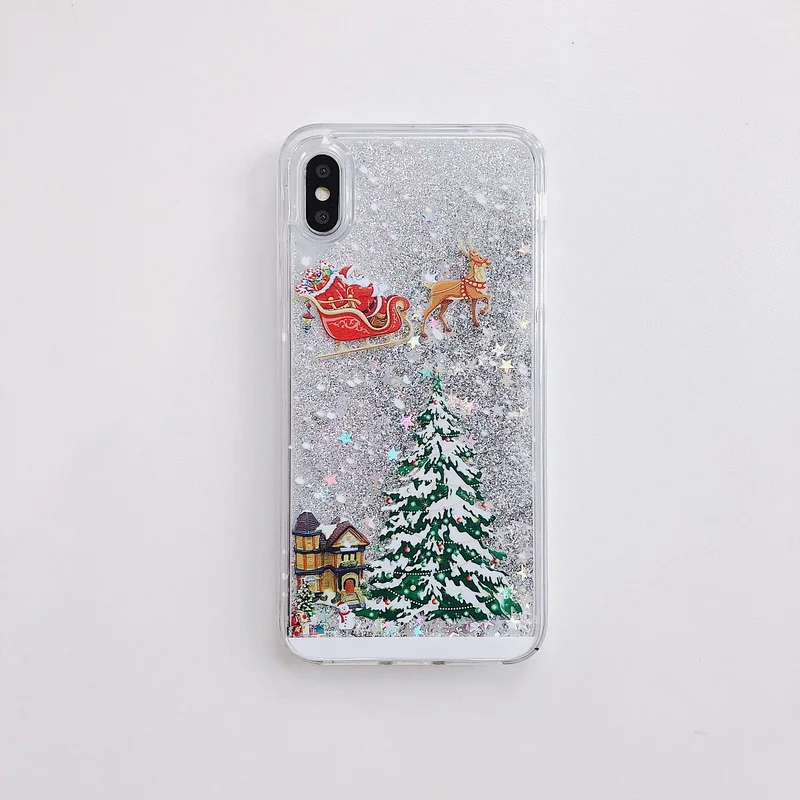 Динамический песок Рождество Жесткий Чехол для iPhone XS X 8 7 Plus 6s 5 5S SE милый Санта Клаус палевый узор Капа подарки - Цвет: Silvery