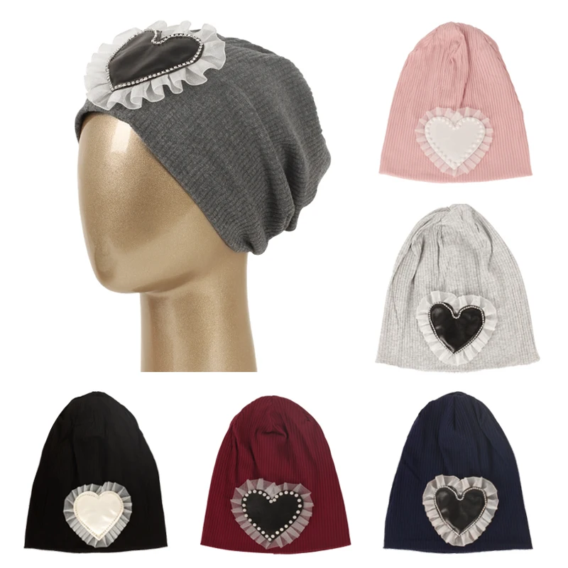

New Fashion Women Pearl Love Applique Beanie Hat Knitted Stripe Beanies Skullies Solid Color Hats Autumn Winter Casual Bonnet