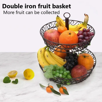 

Household Wrought Iron 2 Tier Fruit Plate Countertop Folded Metal Fruit Basket Black Vintage Style Tray Stand Storage Basket