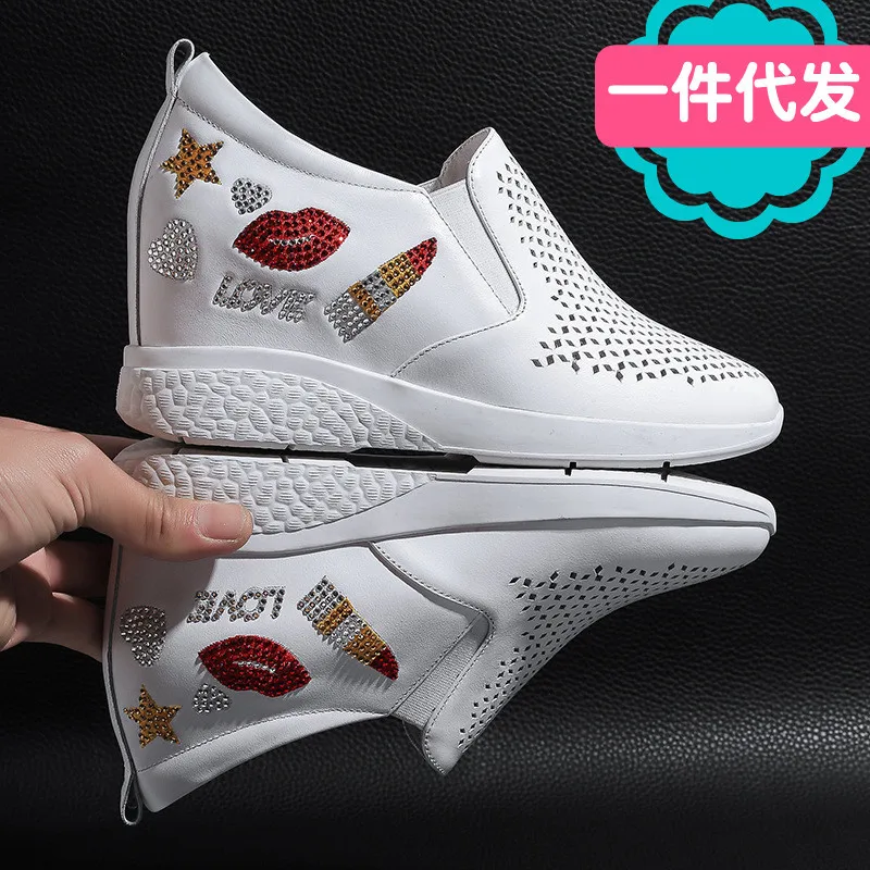

2018 Spring And Summer New Style WOMEN'S Genuine Leather Shoes round Flat Elevator High Heel Shoes Hollow out Breathable Embroid