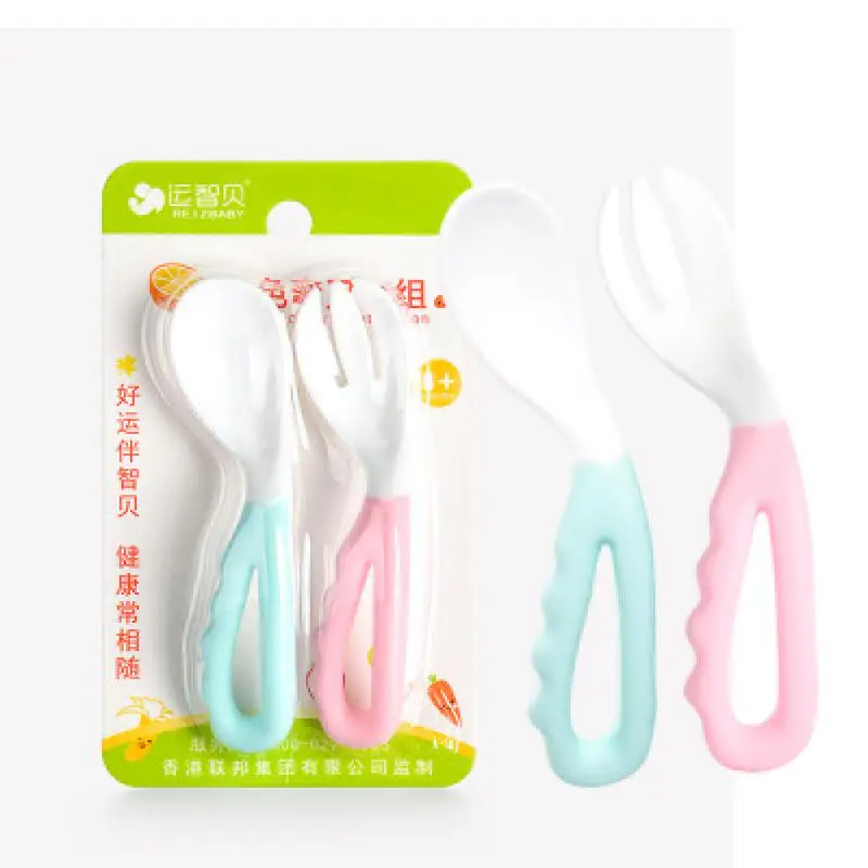 

Baby Feeding Spoon Fork Set Solid Supplies Curved Handle Children Tableware Baby Eating Training Set