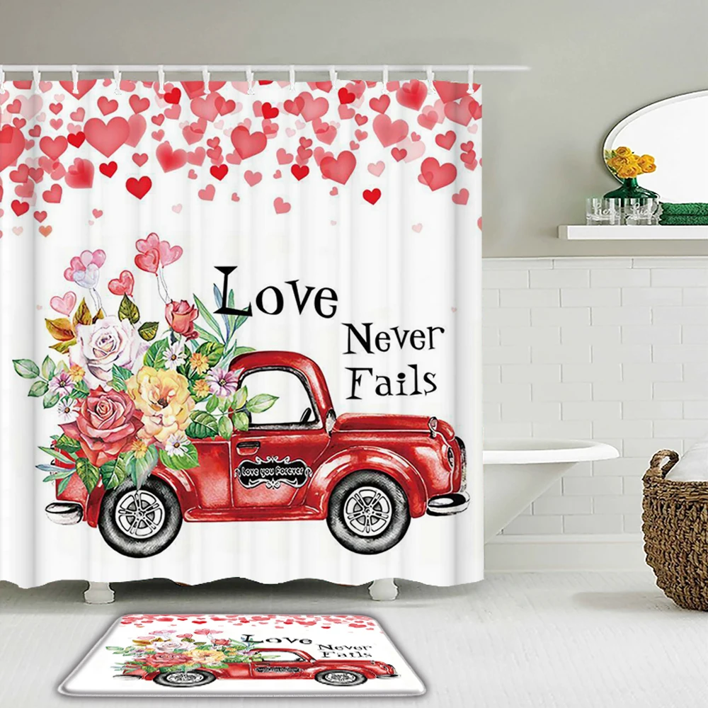 

2Pcs/Set Love Romantic Pink Rose Flower Shower Curtain Set Bathroom Curtain Waterproof Fabric Bathroom Non-slip Mat Toilet Mat