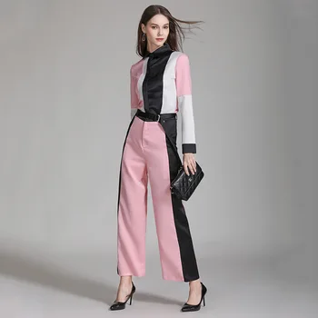 

2019 Women Pink and Black Patchwork Long Sleeve Blouse and High Waist Pants OL Clothing Set