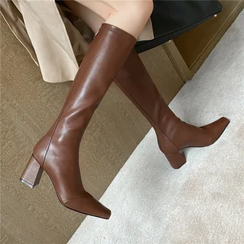 

2020 New Fall Winter Square Toe Women Knee-High Boots Stretch Thin Thick Heel Ladies Shoes Riding Solid Color Equestrian Boots