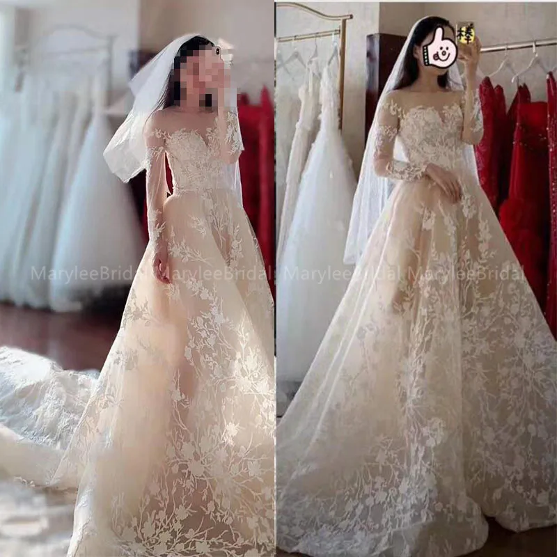 Романтическое кружевное свадебное платье vestido de noiva прозрачный тюль с длинным рукавом трапециевидной формы с шлейфом vestido de noiva Невеста-принцесса платье