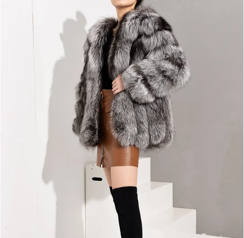 Silver Fox Высококачественная женская куртка из натурального Лисьего меха, зимнее теплое пальто, модная Натуральная цельная кожа, натуральная кожа, голубой Лисий мех, длинная куртка - Цвет: Silver Fox