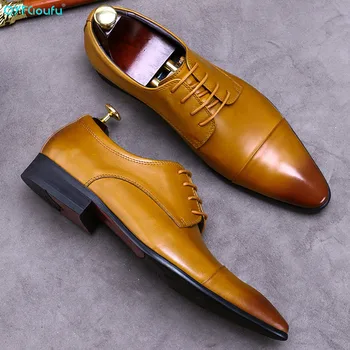 

QYFCIOUFU Brand Mens Whole Cut Brown Oxfords Genuine Leather Classic Lace Up Wedding Party Men Black Mens Italian Dress Shoes