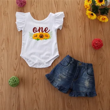 

Baby Girls Outfits Summer Casual Printed Short Sleeve Bodysuit Ripped Denim Shorts 2 Pcs Clothes Set D30