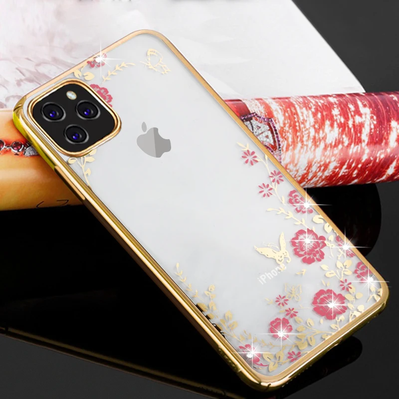 

Glitter Diamond Flower Case For iPhone Xs Max XR X 7 8 Plus 6 6s 11 Pro Phone Case Luxury Crystal Clear Soft Silicon Back Cover