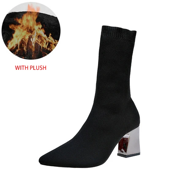 Black with plush Новые ботильоны; эластичные вязаные сапоги-носки; весенние женские слипоны с острым носком размера плюс на высоком каблуке - Цвет: Black with plush
