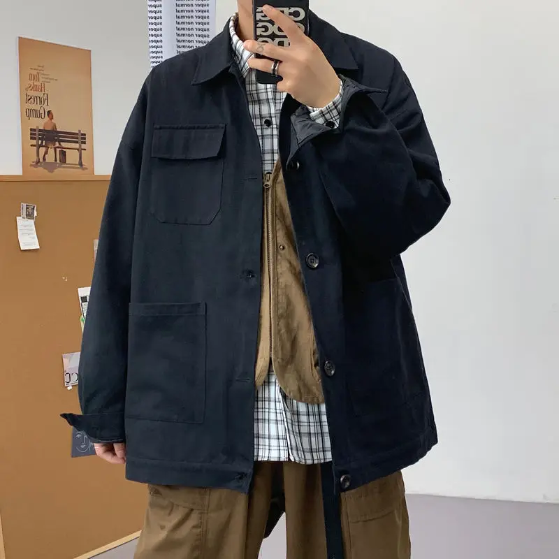 

2020 Spring And Autumn New Youth Fashion Men's Loose Solid Color Chest Small Pocket Jacket Fashion Casual Top Black/green