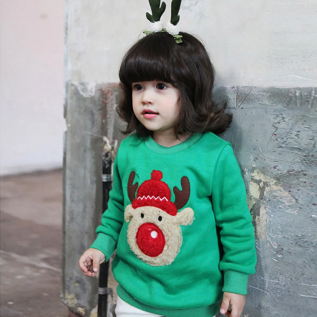 Топы с длинными рукавами и принтом рождественского оленя для малышей; свитер; 100