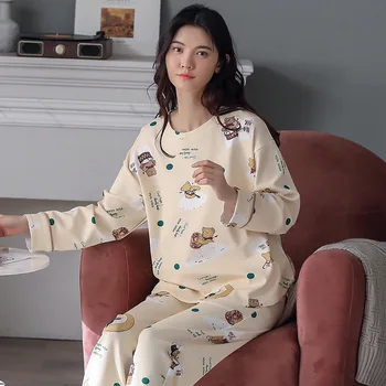 

Autumn Korean Cute Cartoon Pajamas Two-piece Long-sleeve Print Pullover Round Neck Loose Comfortable Casual Home Sleepwear Women