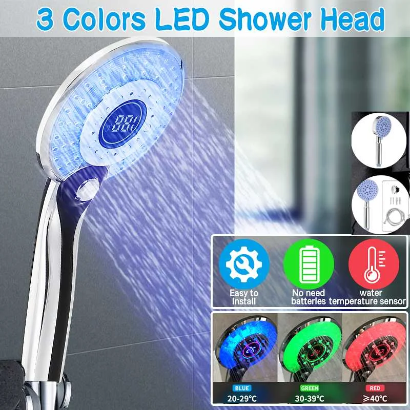 

3-color LED Shower Head, Digital LCD Display, Temperature Control Shower Head With Tap Water
