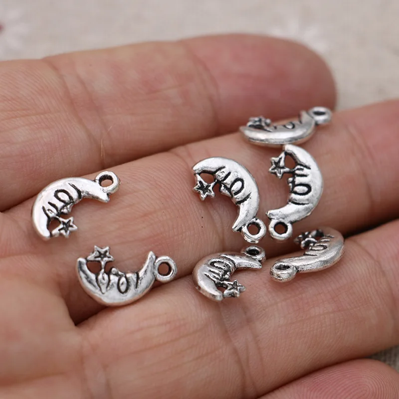 30 шт. тибетские посеребренные подвески в виде Луны для изготовления ювелирных