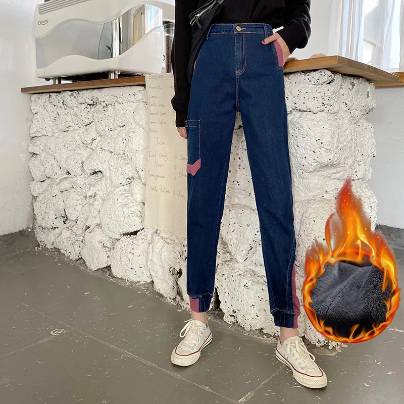 

Winter New Velvet Warm Jeans Women High Waist Patchwork Pocket Large Size Mujer Jeans Ankle Length Harem Bound Feet Denim Pants