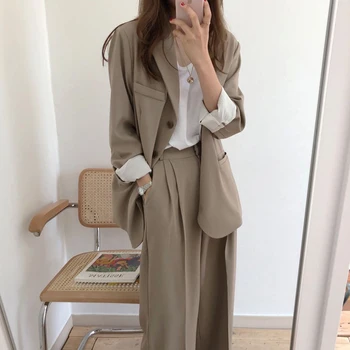 

Work Pant Suits OL 2 Piece Sets Single Breasted Long Oversize Blazer Jacket+Button Wide Leg Trousers Suit For Women Spring 2020