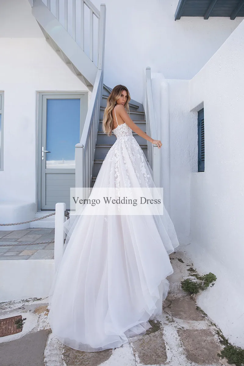 Verngo ТРАПЕЦИЕВИДНОЕ свадебное платье с аппликацией из кружева и тюля Свадебные платья на тонких бретельках Элегантное свадебное платье Vestidos De Noiva