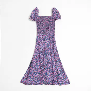 

2020 new Spring Summer European Retro French Pleated Square Collar Puff Sleeve zaraing vadiming sheining women dress BGB2140