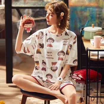 

Pajamas Women Cute Cartoon Avocado Letter Harajuku Sleepwear Set Cat Dog Korean Japanese Pijamas Loose Casual Homewear S395