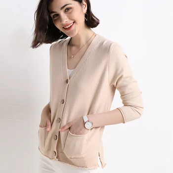 

2019 autumn and winter new women's V-neck knit pocket cardigan short ladies sweater cashmere sweater knit jacket