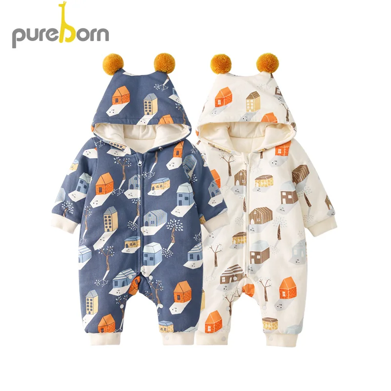 

Pureborn Newborn Baby Clothes Cartoon House Hooded Thick Quilted Cotton Lined Baby Boy Romper Baby Girl Rompers Winter Clothes