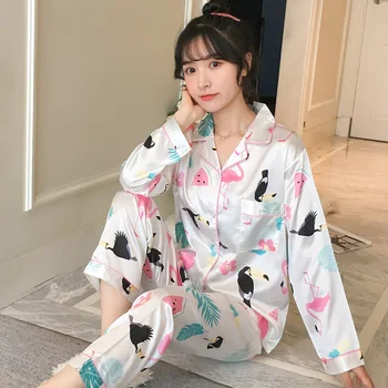 

Silk pajamas set woman Long Sleeve Pajama Spring Autumn 2020 Women bird cartoon Print Cute Sleepwear Pyjamas Plus Size Nightwear