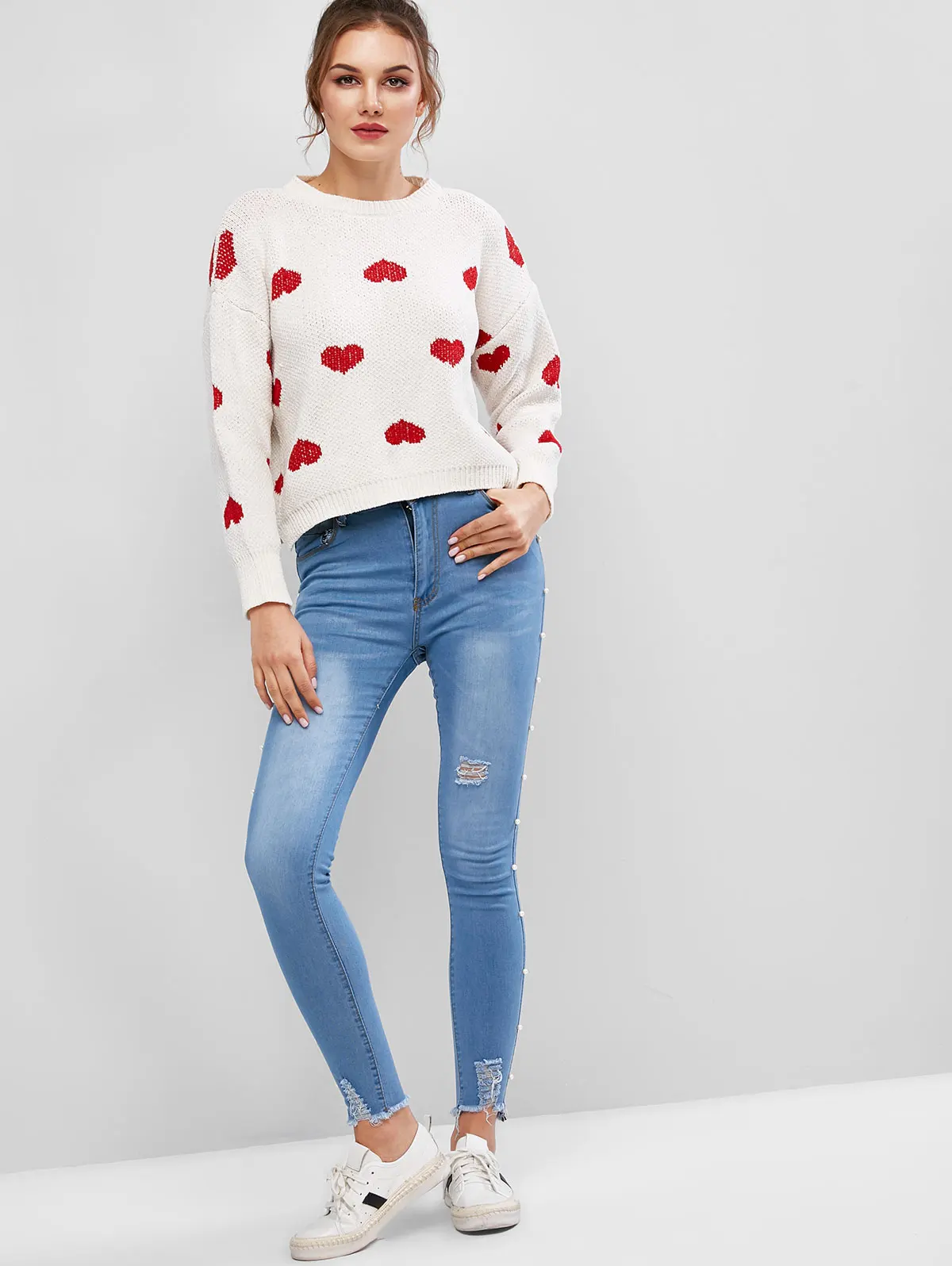 ZAFUL свитер с узором в виде сердца, эластичный свитер с заниженным плечом, Свитера на День святого Валентина, пуловер с вырезом лодочкой, рождественский джемпер, повседневный женский