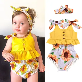 

Toddler Baby Girls Sling T-shirt Vest Ruffle Crop Tops + Tassel Sunflower Print Shorts Pants + Headband Outfits Set Clothes