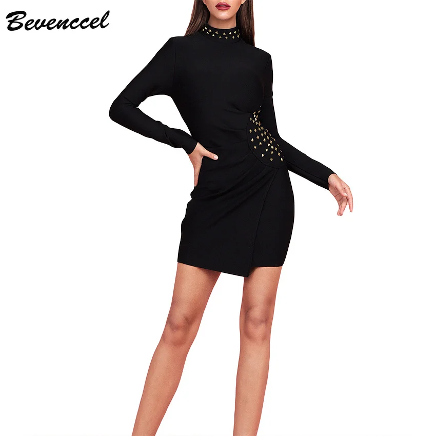

2019 New Sexy Beads Women Bandage Dress Long Sleeve Turtleneck Celebrity Evening Party Dress Vestidos Dresses Woman Party Night