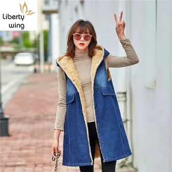 

Women Thick Fur Lining Denim Vest Long Hooded Sleeveless Jacket Ladies Casual Streetwear Jeans Outerwear Waistcoat Warm Vests