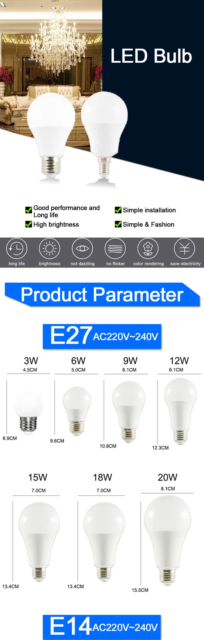 Диммируемая Светодиодная лампа Светодиодный лампы E27 E14 AC 220 V 240 V Smart IC реальная Мощность лампада светодиодный 20 W 18 W 15 W 12 W 9 W 6 W 3 W