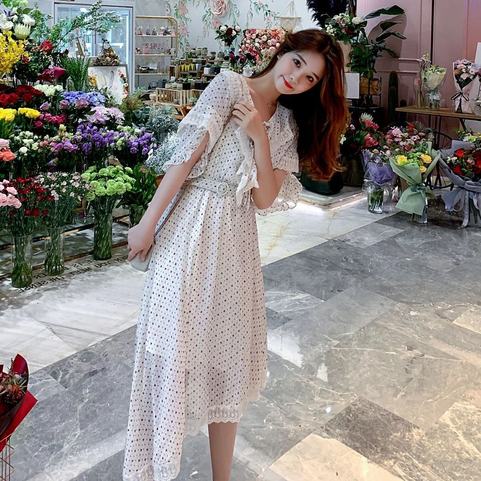 

Photo Shoot INS Pastoral Style Sweet Small Floral Liangsi Lace Ruffled Collar Frilled Waist Hugging Irregular Dress