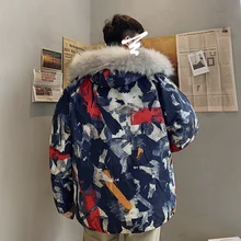 Новинка, большой размер, японский зимний камуфляж, граффити, большой меховой воротник, Мужская свободная версия, толстый Повседневный хлопковый костюм