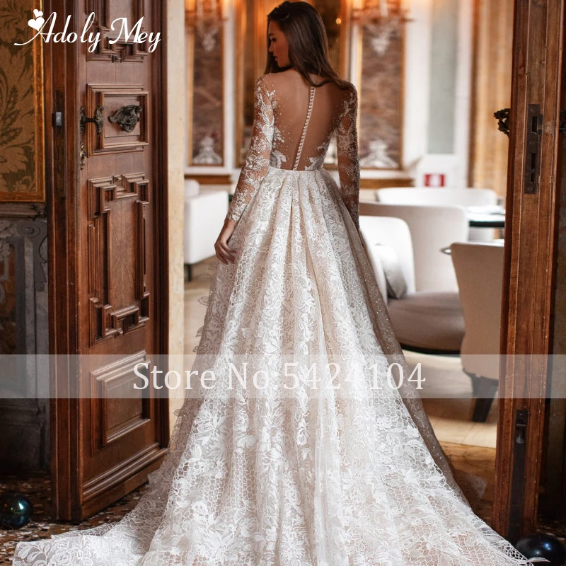 short wedding dresses Adoly Mey Gorgeous Lace Appliques Chapel Train A-Line Wedding Dress 2022 Luxury Scoop Neck Beaded Long Sleeve Vintage Bride Gown ball gown wedding dress