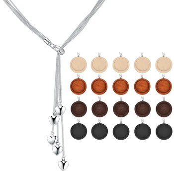 

20 Piece Wooden Oval Blank Frame Tray Pendant Frame 25mm with Necklace,Silver Color Heart Pendant Long Necklace