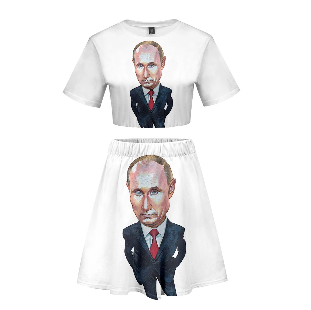

Putin 3D 2019 Fashion Shorts Elastic Waist Women's Loose Soft Sets Casual Short Skirts + navel T-shirt