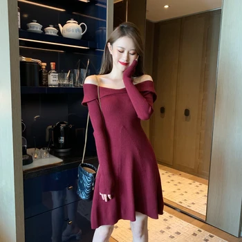 

Women Long Sleeve Sweater Dress New Knit Sweater Dress Fashion Off-the-shoulder Mid-length Winter Dress Casual Autumn Dress