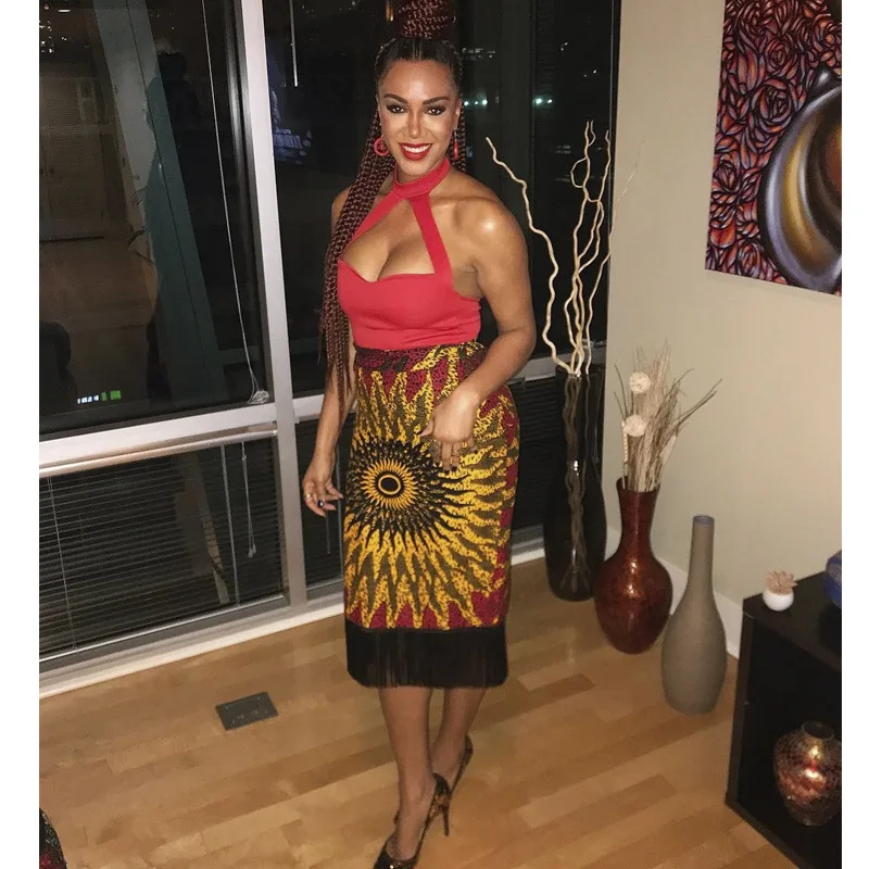 Autumn Ladies Bodycon Skirt Plus Size African Style Printing Tassel Skirts Elegant Fall Women High Waist Faldas Mujer Moda