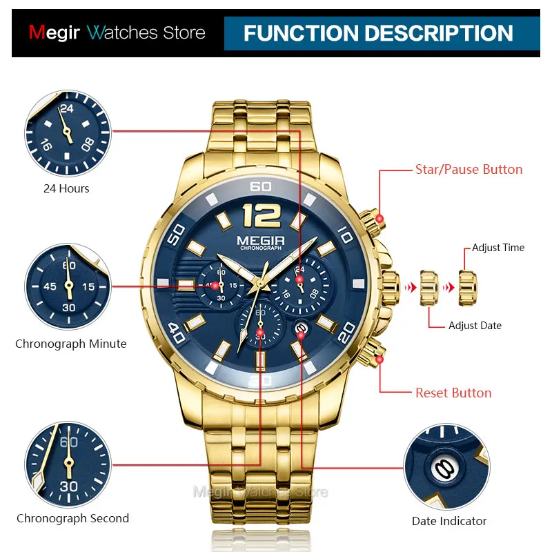 Megir Men's Gold Stainless Steel Quartz Watches Business Chronograph Analgue Wristwatch for Man Waterproof Luminous 2068GGD-2N3