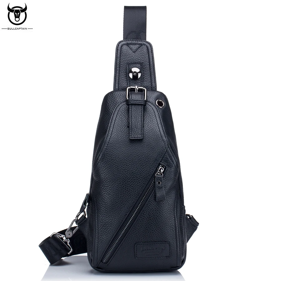 

BULL CAPTAIN Brand Genuine Leather Crossbody Shoulder Bag Men's Earphone Slot Sling Chest Pack Men Cowhide Messenger Bags