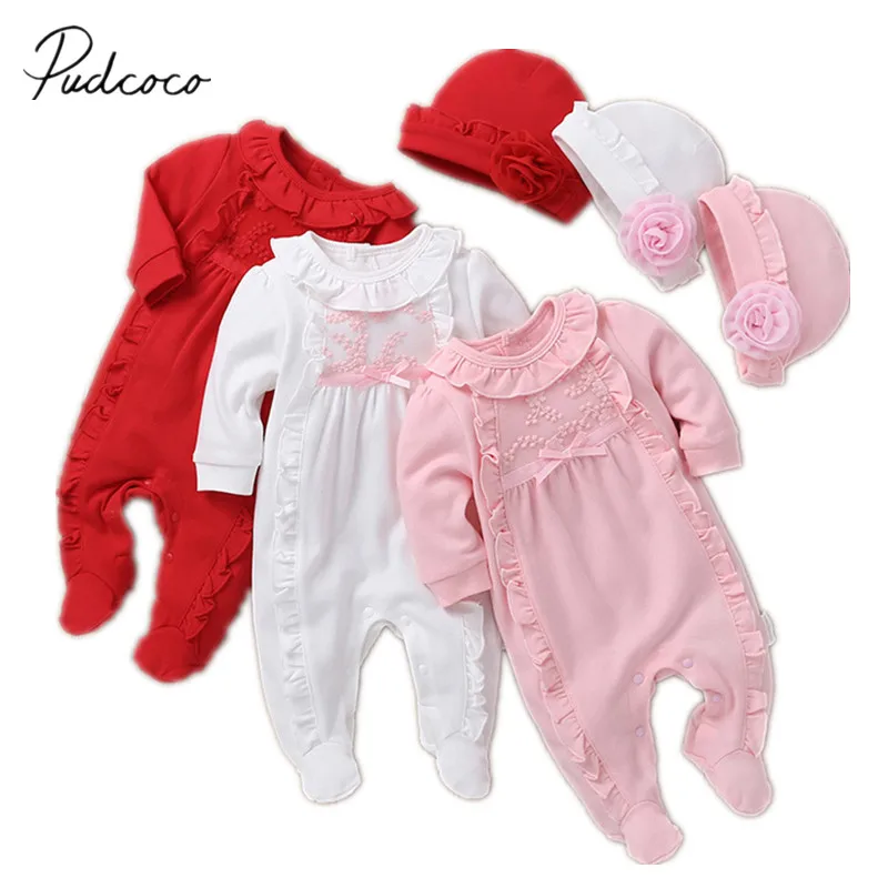 2019 Baby Spring Autumn Clothing Newborn Infant Girl Floral Romper Baby Jumpsuit Hat 2Pcs Outfits Long Sleeve Clothes 1