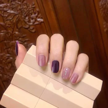 

24Pcs/boxed Simple Purple Color Round head Short press on Nails Wearable Full Cover acrylic artificial nails with glue for grils