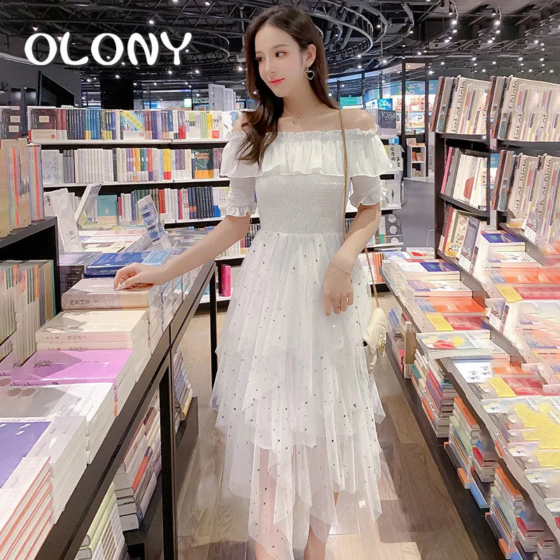 

2019 Lotus Leaf Edge One Word Lead Split Joint Glittering Irregular Gauze Dress women Woman