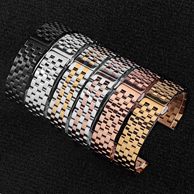 Watchband Full Solid Steel Belt Elbow Flat Head Dual-use Five-bead Push Button Hidden Clasp Strap Gold Straight Arc Interfaces
