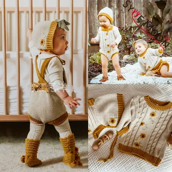 

2020 Wawa Brand Kids Overalls New Autumn Winter Toddler Knit Flower Sweater Pants Baby Cotton Fashion Jumsuits Clothes