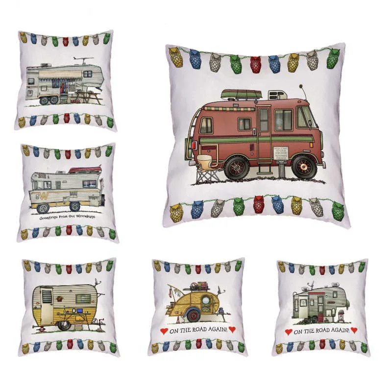 Happy Campers Adventure Awaits Travelling Cars Cushion Cover Hawaiian Travesseiro CamperIn Animal Owl Polyester Pillowcase | Дом и сад