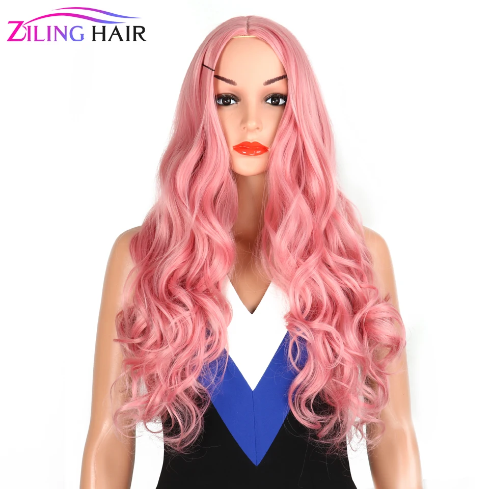 

synthetic hair pink long body wave wig women 55 cm long natural wave women's wigs long Ziling hair